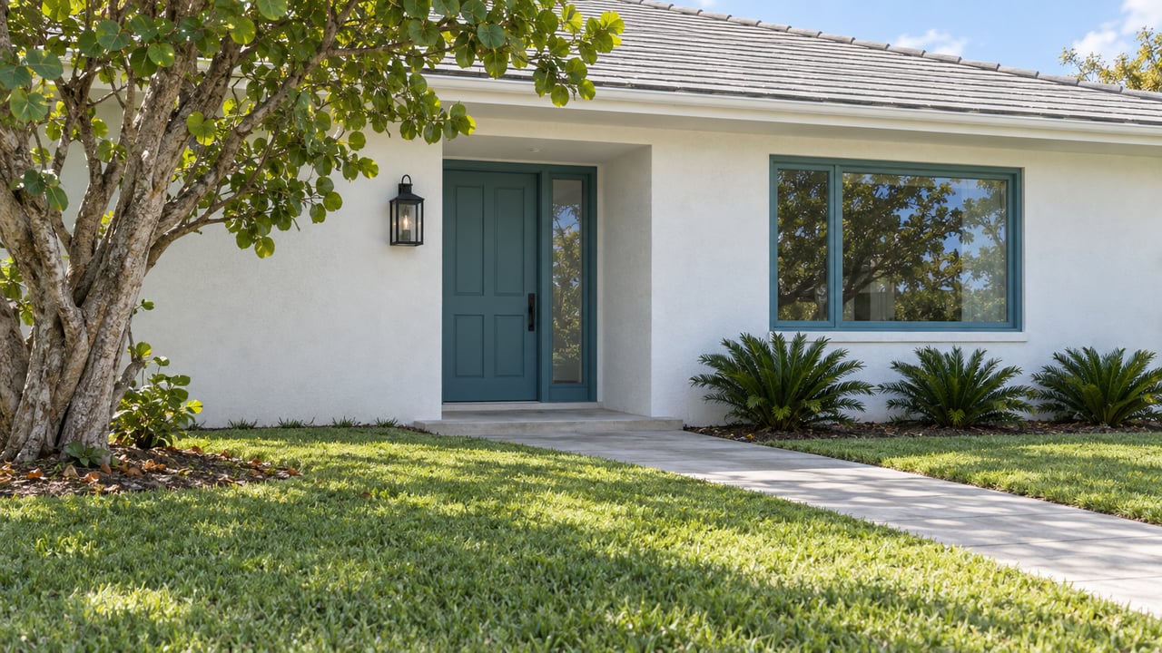 White-stucco home with a teal entry and window, approached by a narrow walk across a deep lawn.