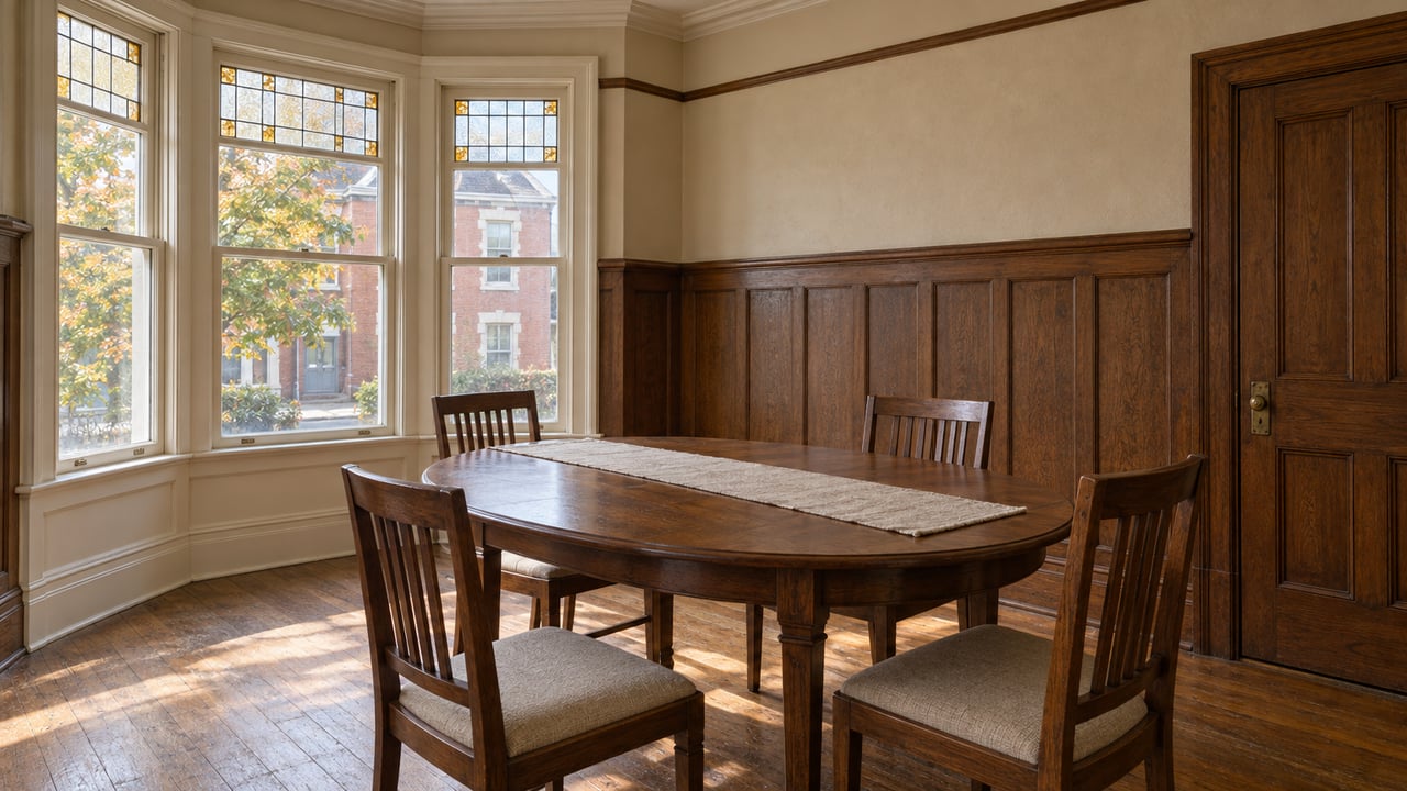 Sunlit heritage dining room with oak paneling, a walnut table and leaded-glass bay windows.