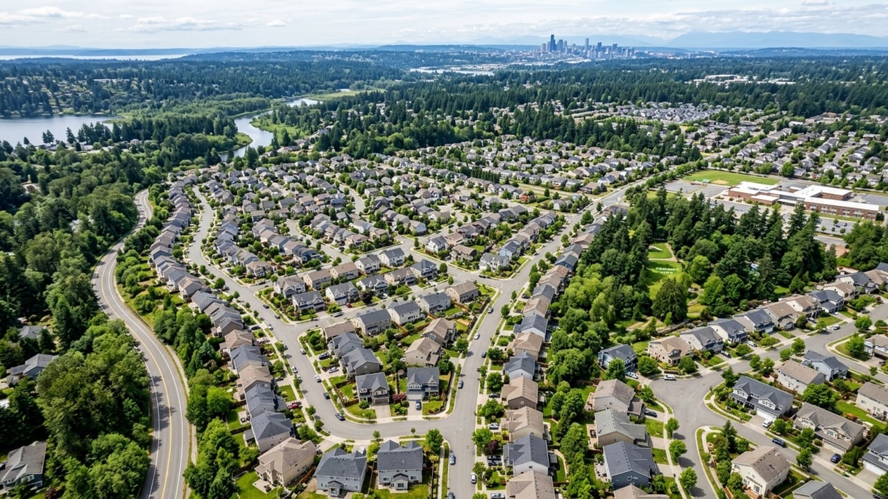 Aerial view of a suburban neighborhood with tree-lined streets, a lake, and a distant skyline.