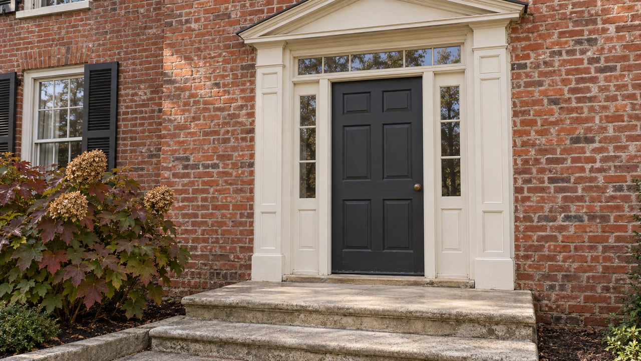 Renovated brick home's charcoal door, ivory surround and worn limestone steps beside autumn oakleaf hydrangea.