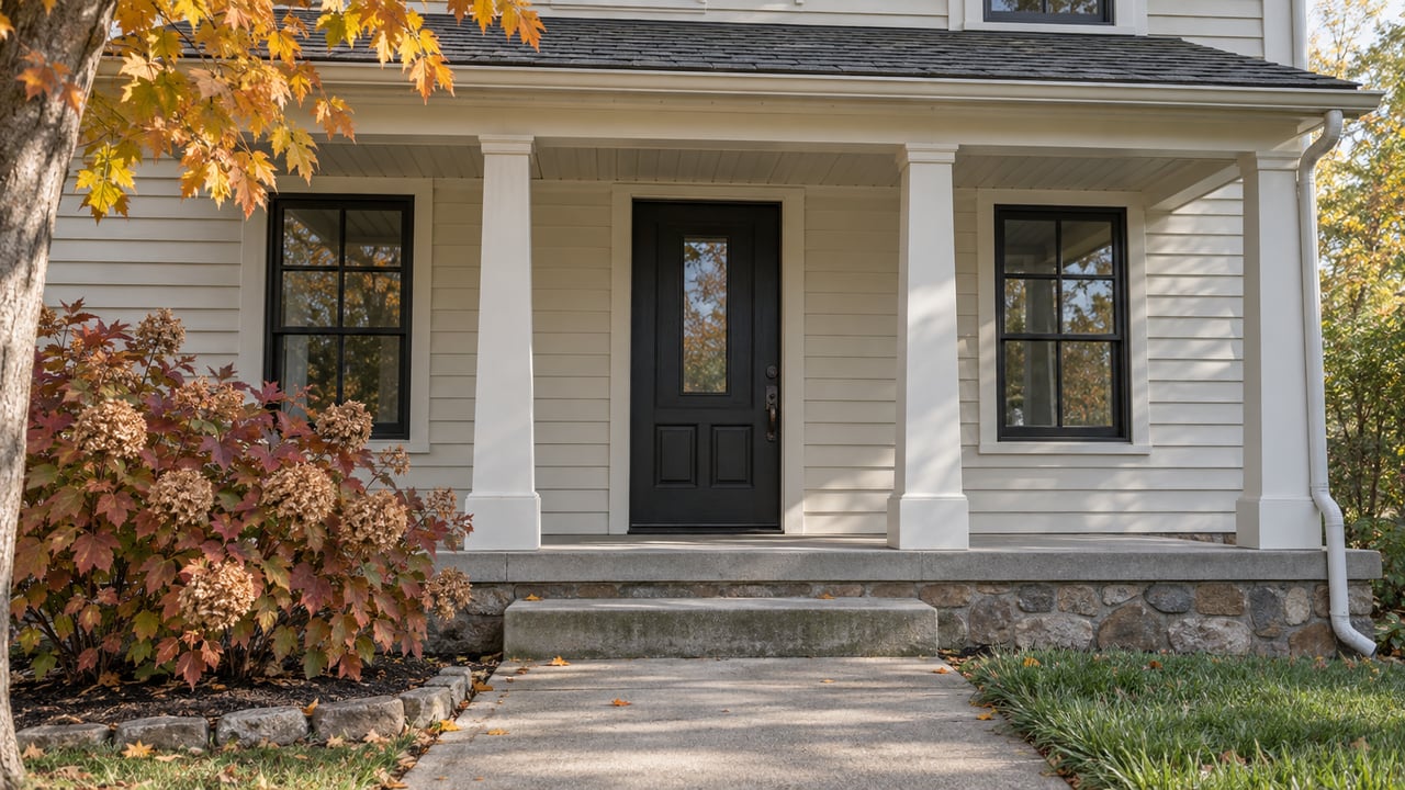 Covered entry of an established home with ivory siding, black-framed windows, fieldstone foundation and autumn planting beside concrete steps.