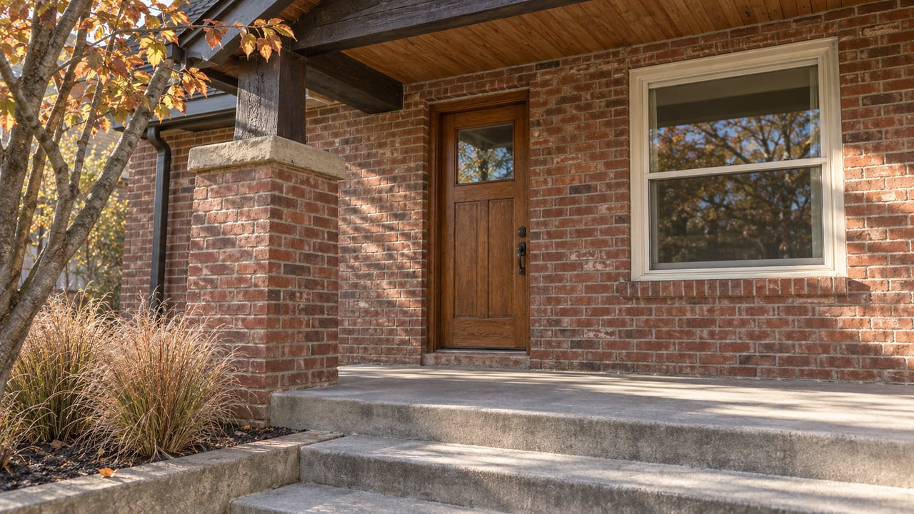 Sunlit brick bungalow porch with an oak door, cream window sash, worn concrete steps and copper-gold serviceberry foliage.