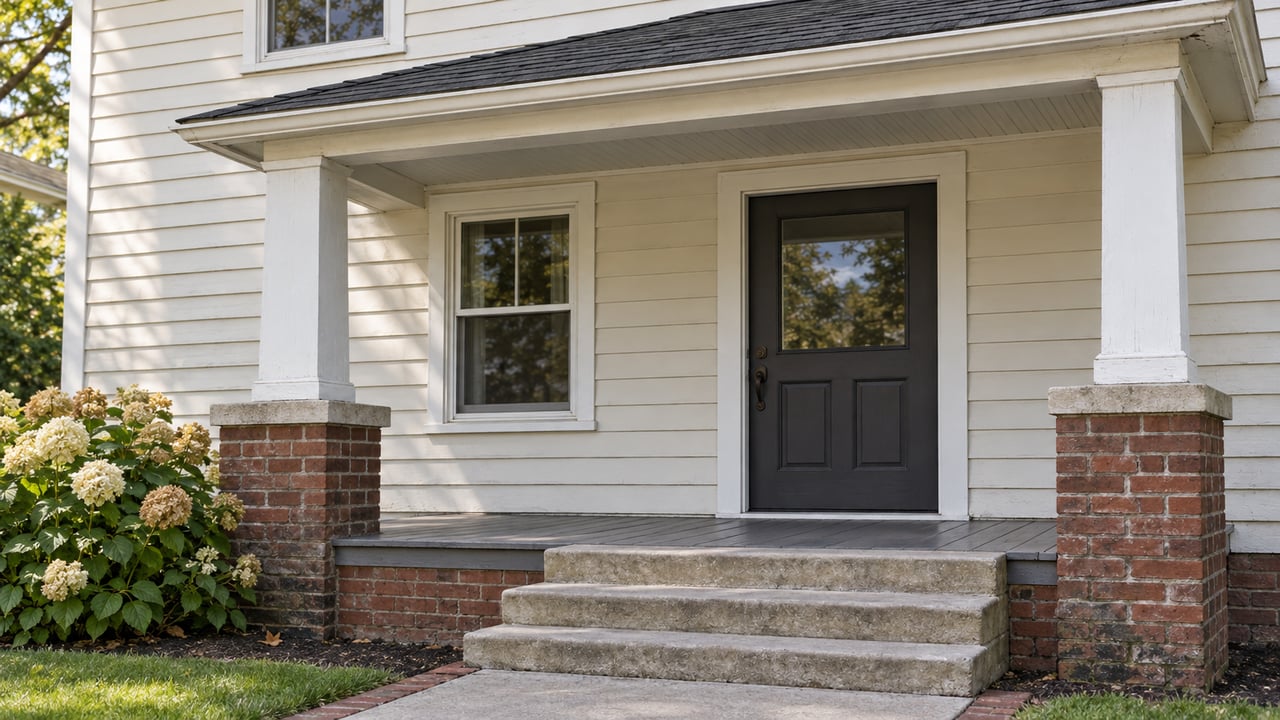Ivory clapboard home with a charcoal front door, paired porch columns on brick piers, and worn limestone entry steps.