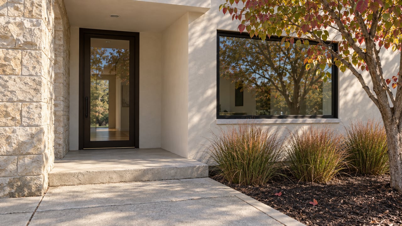 A recessed glazed home entry beside cream limestone and ivory render, with a redbud tree and copper-tipped grasses bordering the concrete approach.