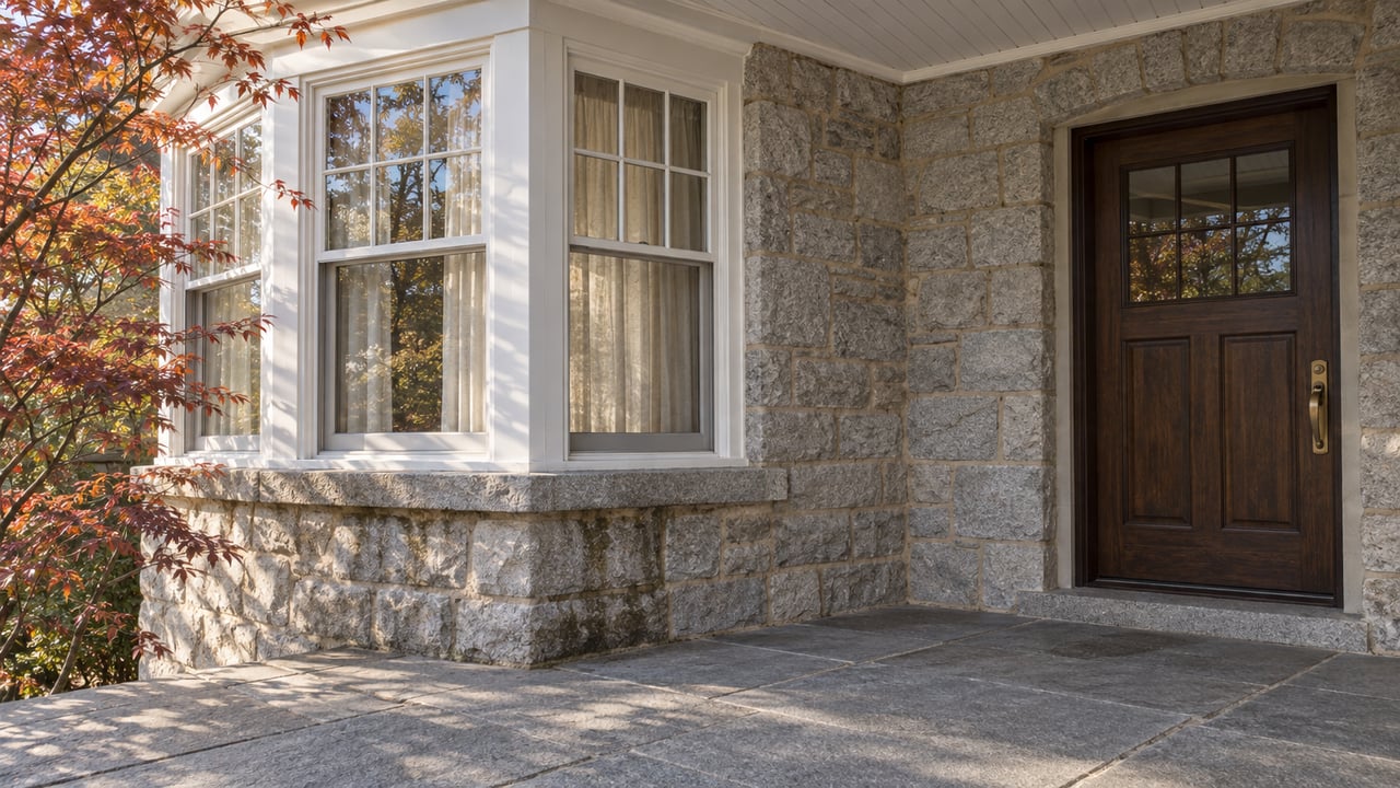 November morning light grazes a granite home's white-painted bay window and sheltered stone porch beside sparse copper-red maple leaves.