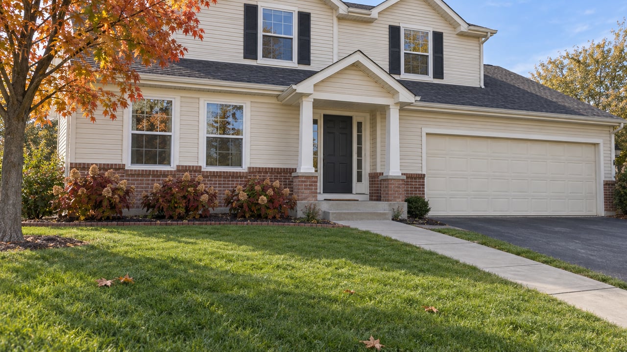 Cream-sided two-story home with brick lower walls, a covered entry and attached garage behind an autumn lawn.