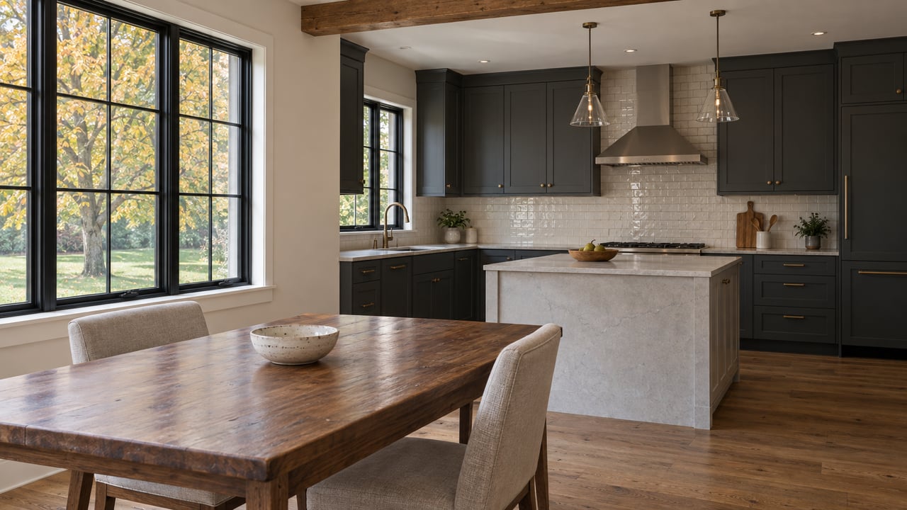 Walnut dining table in an open-plan kitchen, with charcoal cabinets and a yellow-tipped maple visible through the window.