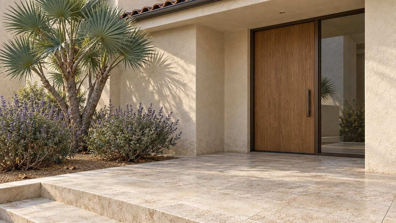 Sunlit cream-stucco home entrance with an oak door, bronze-framed sidelight, limestone steps and sculptural fan aloe.