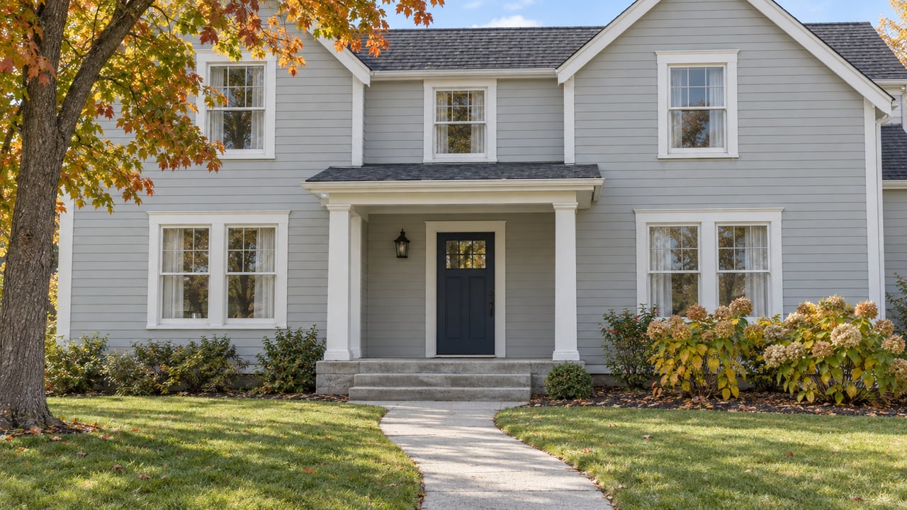Pale gray gabled home with white-trimmed windows, a dark blue front door, curved concrete walk and autumn foliage.