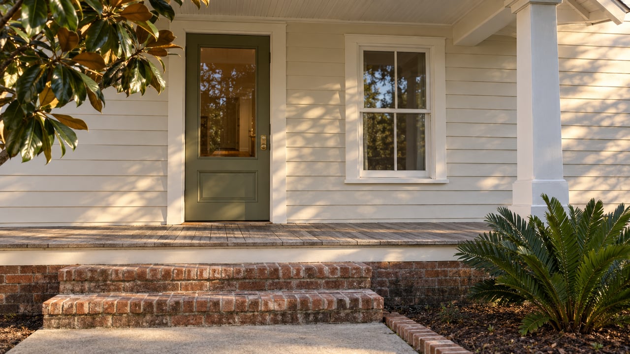 Warm evening light on a cream clapboard home's glazed olive entry door, timber porch and worn brick steps.
