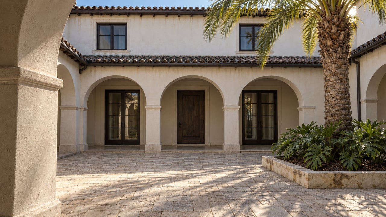 Sunlit limestone courtyard with a specimen palm, white stucco arches, dark tile roofing and closed timber and glazed doors.