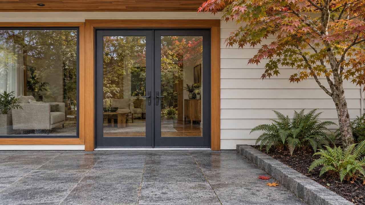 Cedar-trimmed glass doors open visually onto a basalt patio beside a bronze-leaved vine maple and sword ferns.