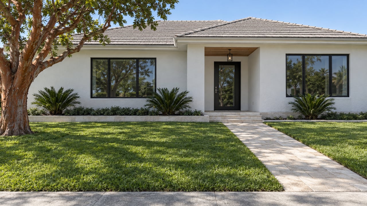 A sunlit single-story white stucco home behind a deep lawn, with a limestone entry walk and a copper-barked tree.