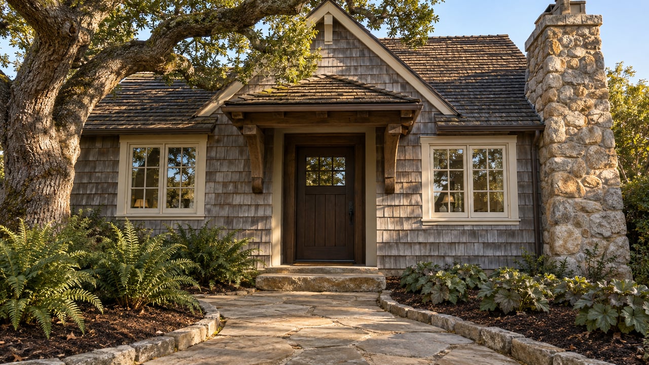 Weathered cedar-shingled cottage with divided-light windows, a granite chimney and a sandstone garden path beneath a spreading oak.