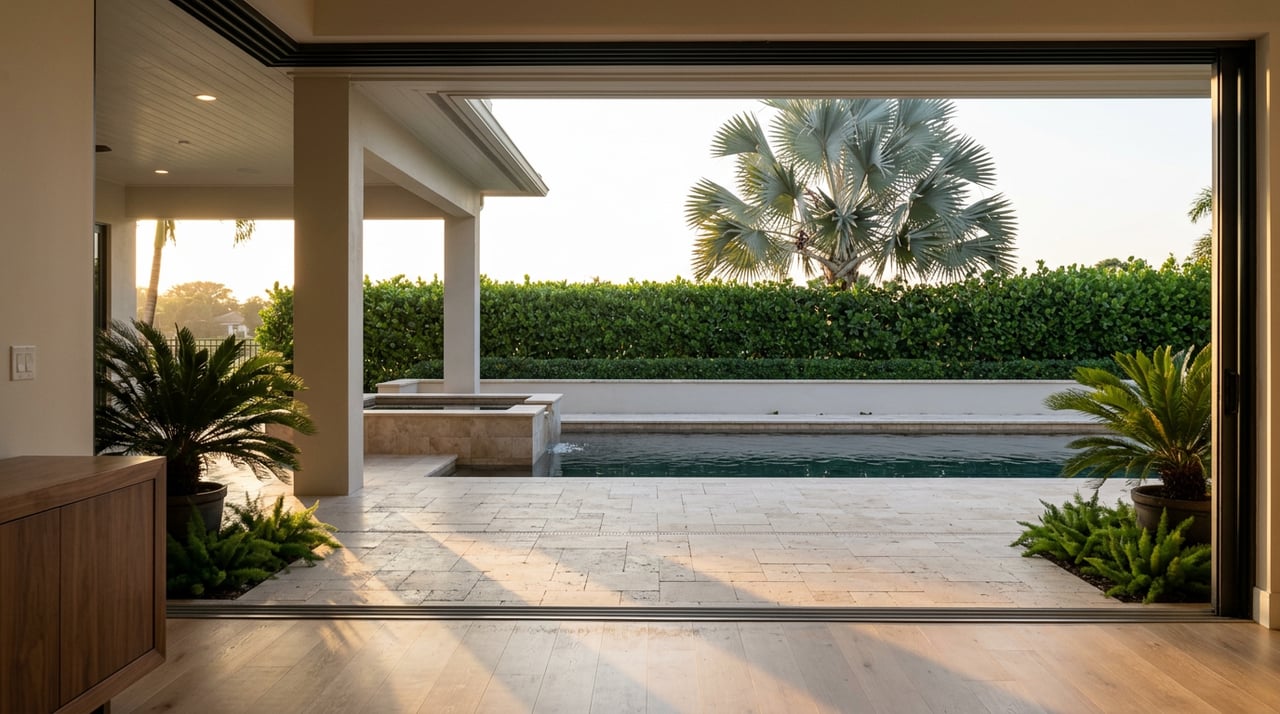 Glass-walled great room opens onto a travertine lanai with a pool, raised spa, clipped hedge, and palm.