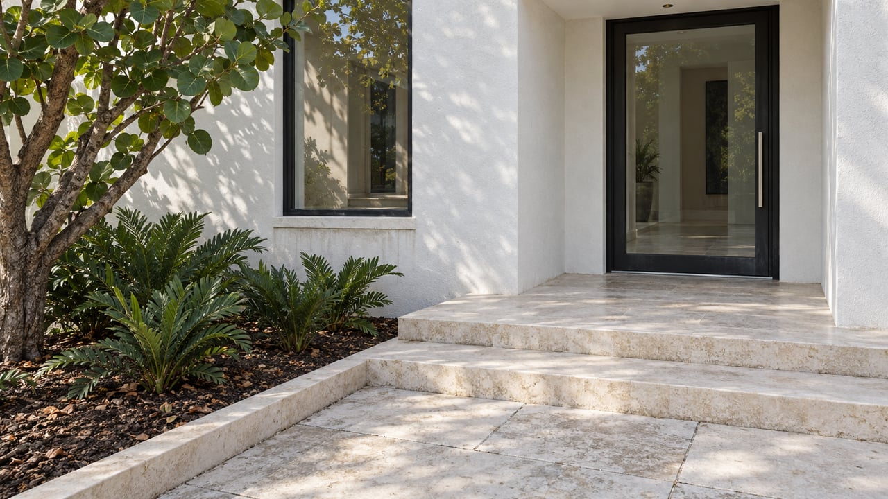 White-stucco home entrance with black-framed glass, ivory limestone steps and sculptural sea grape planting in morning light.