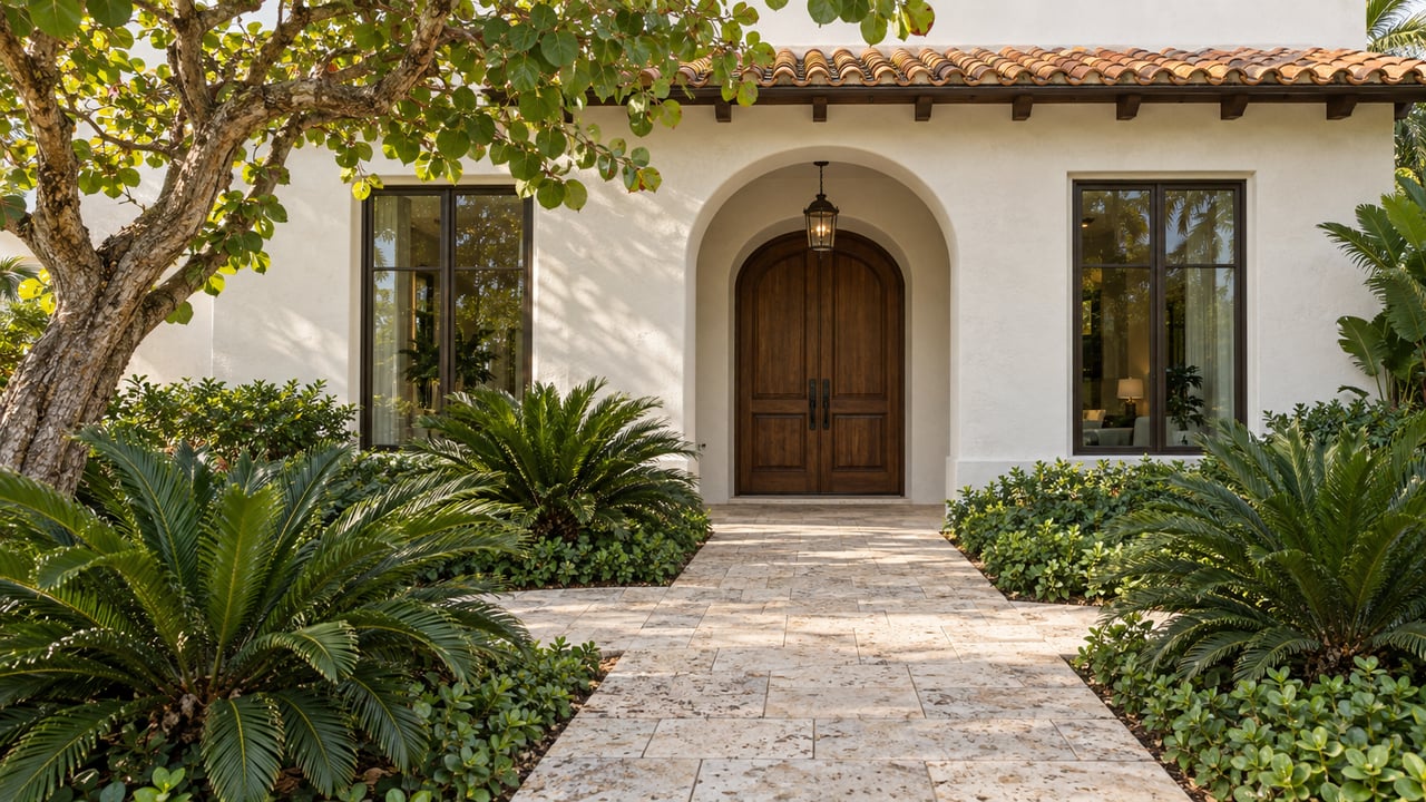 Two-story ivory stucco residence with an arched walnut double door, dark-framed windows, and stone path edged by tropical plants.