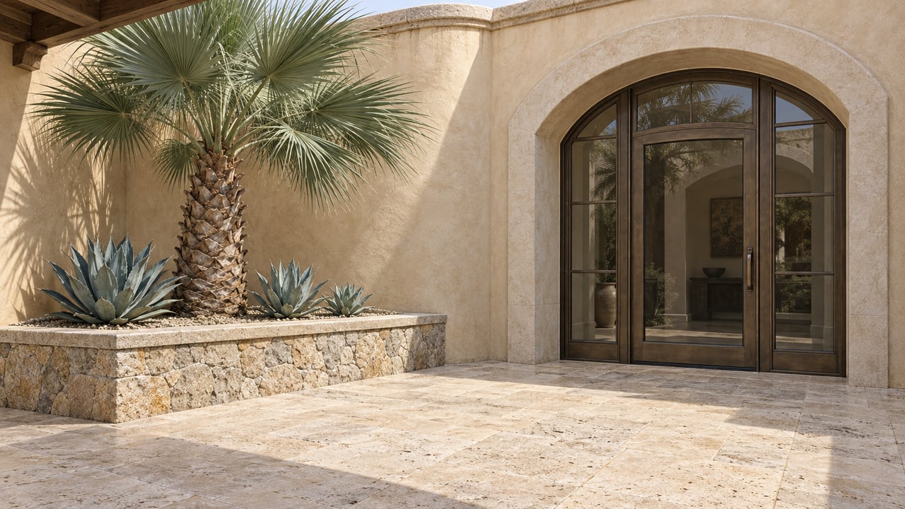 Sunlit travertine entry courtyard with sand stucco walls, an arched glazed door, and a specimen palm in a raised stone planter.