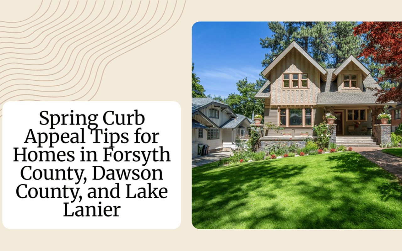 Spring curb appeal tips title beside a large home with a landscaped lawn.
