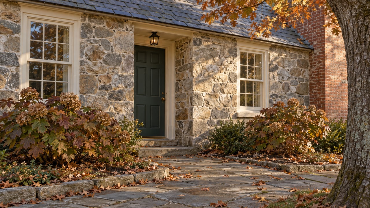 Fieldstone house entry with a muted green door, flagstone walk, and oak branches bearing russet leaves.