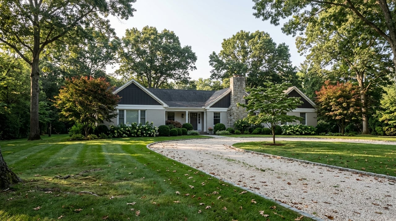 Light-gray home with a fieldstone chimney, set beyond a curved gravel court among mature oak and maple trees.