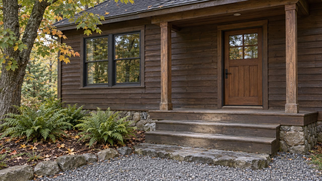 Weathered cedar home entry with timber porch posts, stone landing, gravel approach and autumn maple leaves.