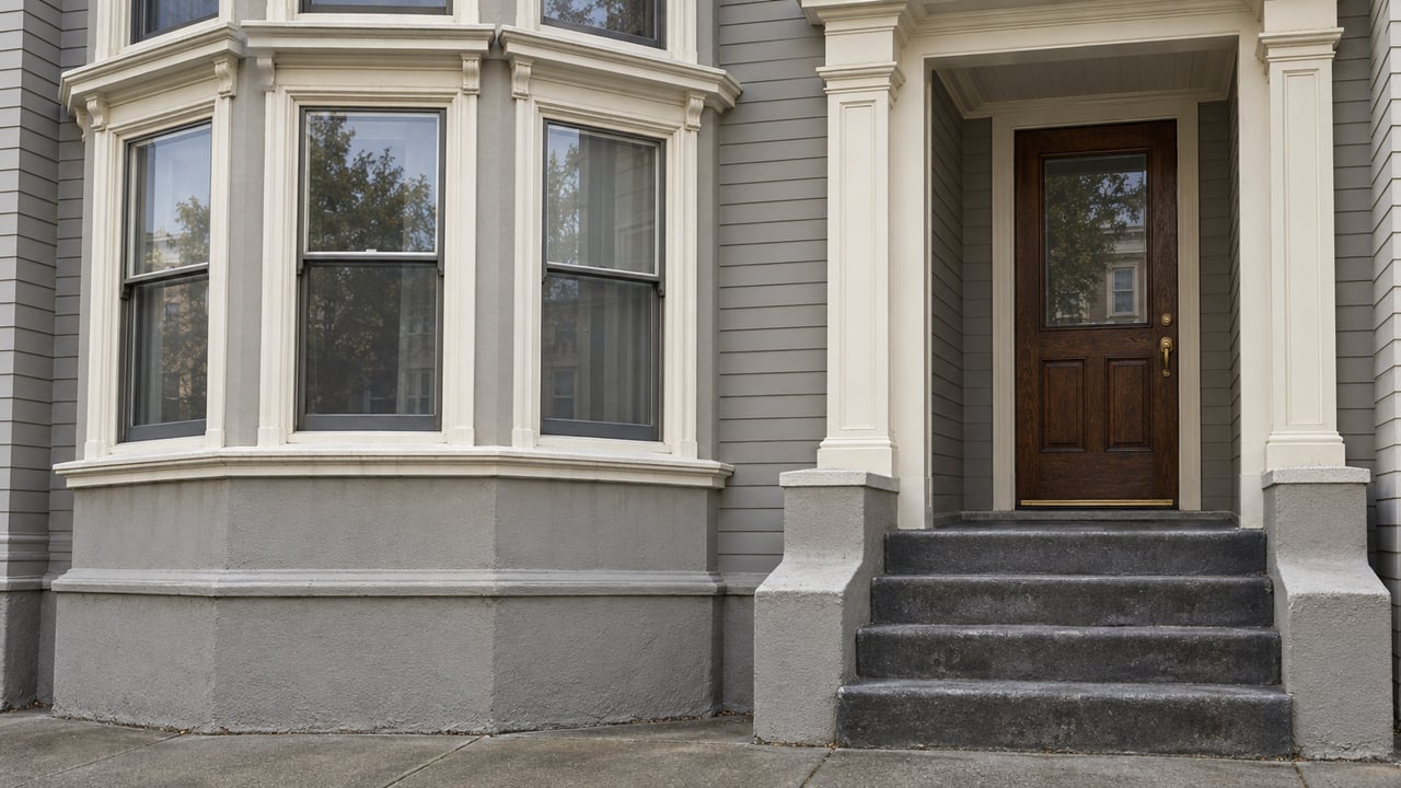 Close view of a gray wood-sided home with ivory bay-window trim, a recessed oak door and worn concrete entry steps.