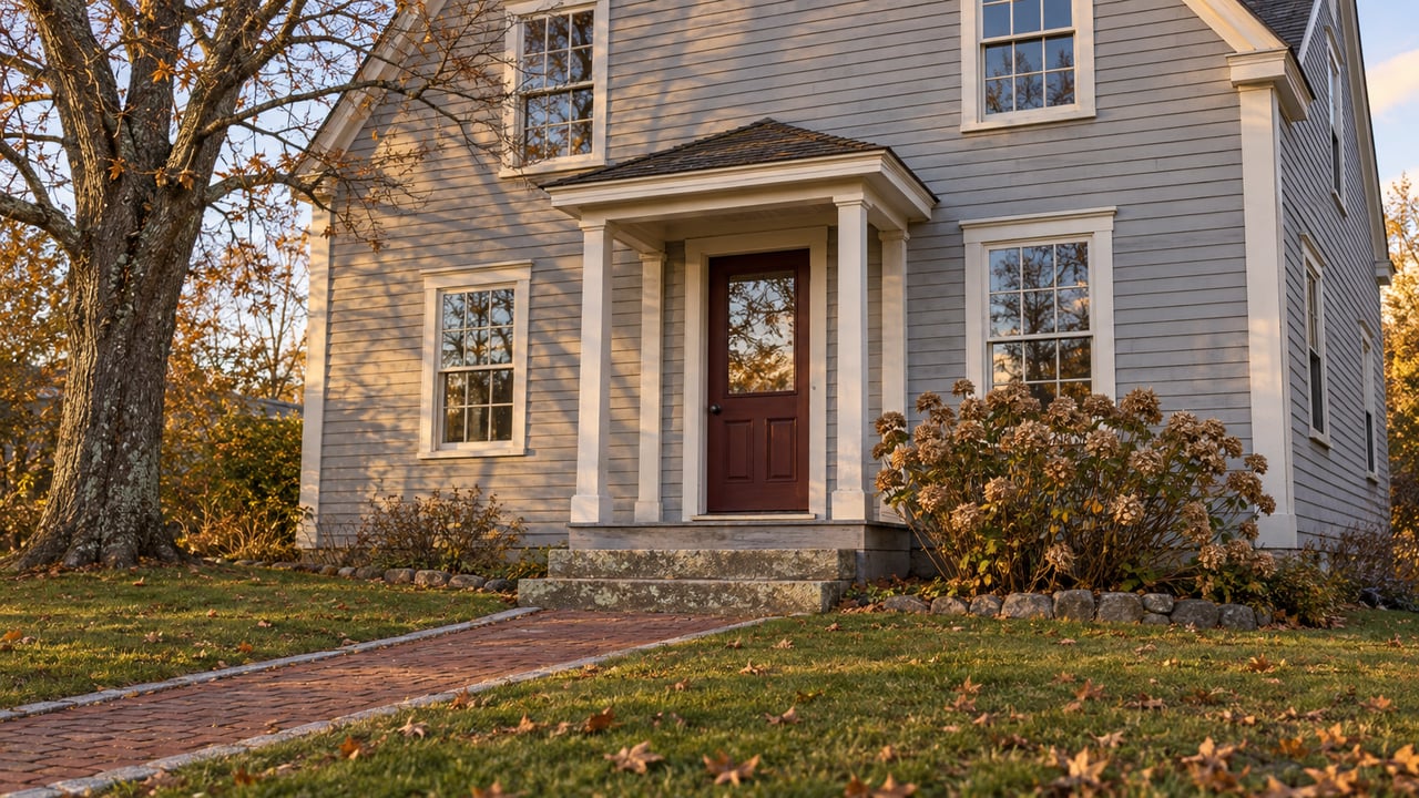 Gray clapboard home with an oxblood door, granite entry steps and nearly bare maple in late-autumn sunlight.