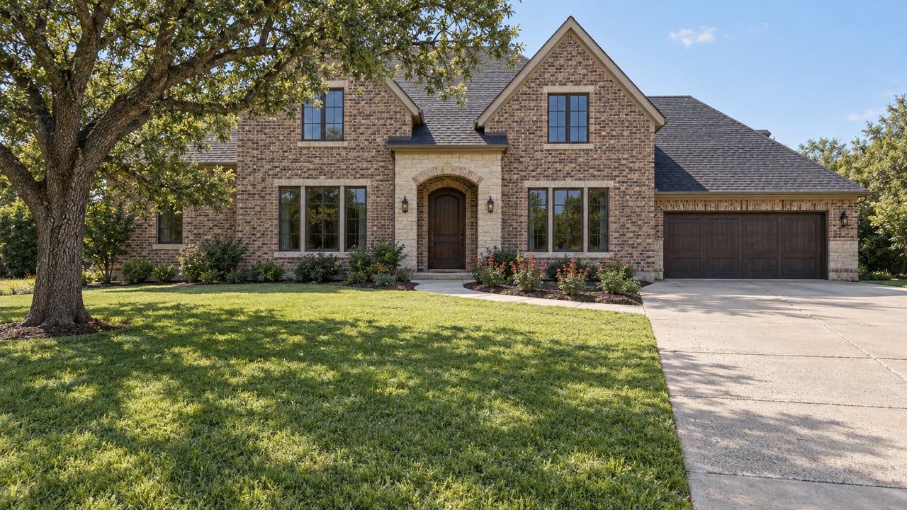 Brick and limestone home with pronounced gables, a broad front lawn, mature bur oak and concrete driveway in clear daylight.