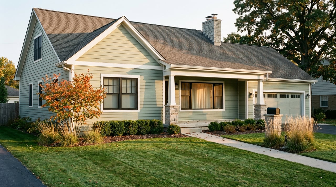Sage-green suburban home with a stone-columned porch, two-car garage, and orange-red serviceberry beneath an oak canopy.
