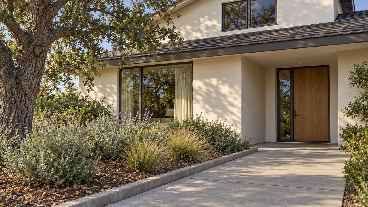 Cream stucco home with a recessed oak entry, bronze-framed windows, and a concrete walk beside a mature oak and silvery flowering shrubs.