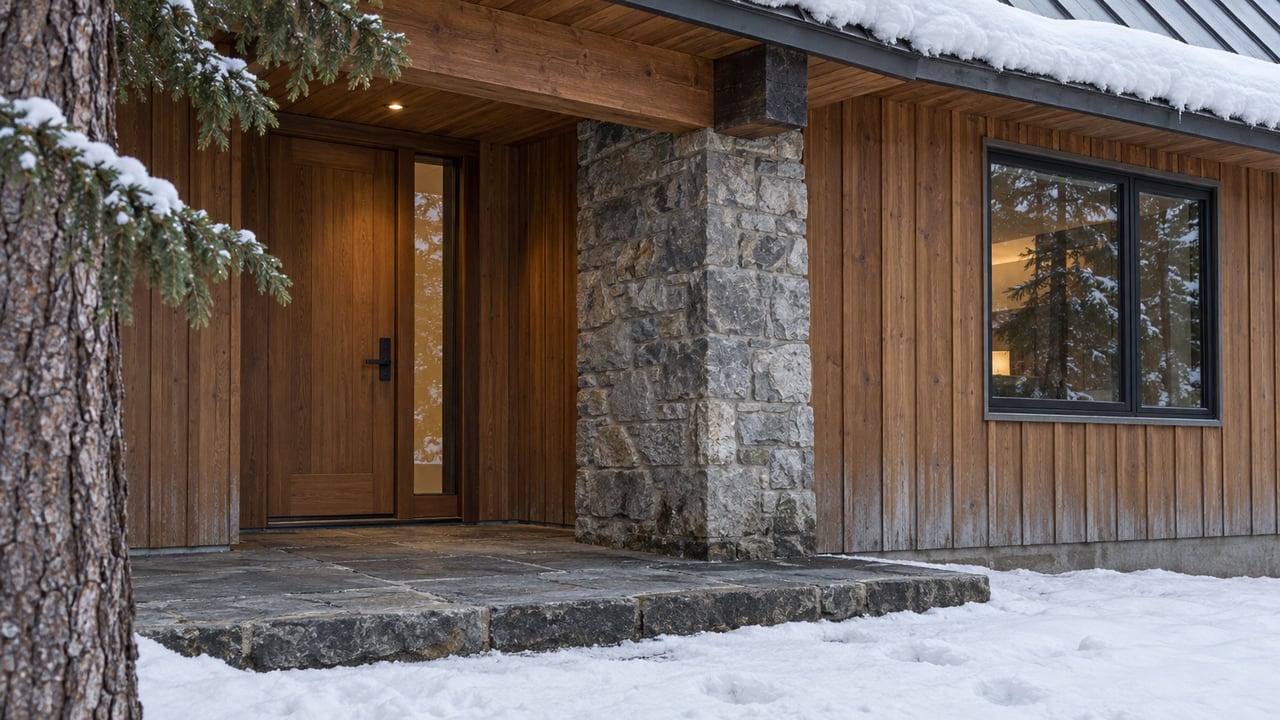Snow rests above a sheltered timber entry with cedar siding, a gray stone pier and a swept slate landing beside a mature conifer.