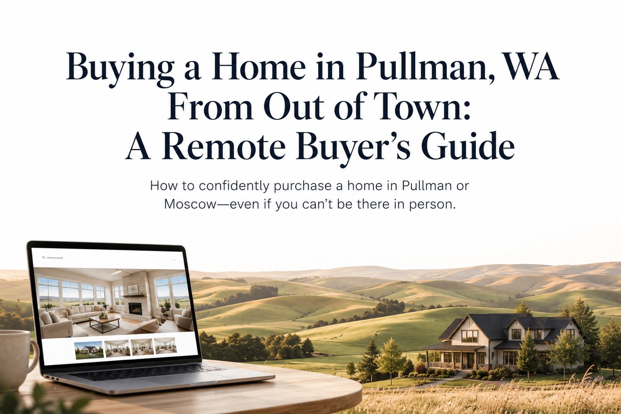 Minimalist editorial-style graphic illustrating remote home buying in Pullman, Washington with subtle Palouse-inspired design elements.