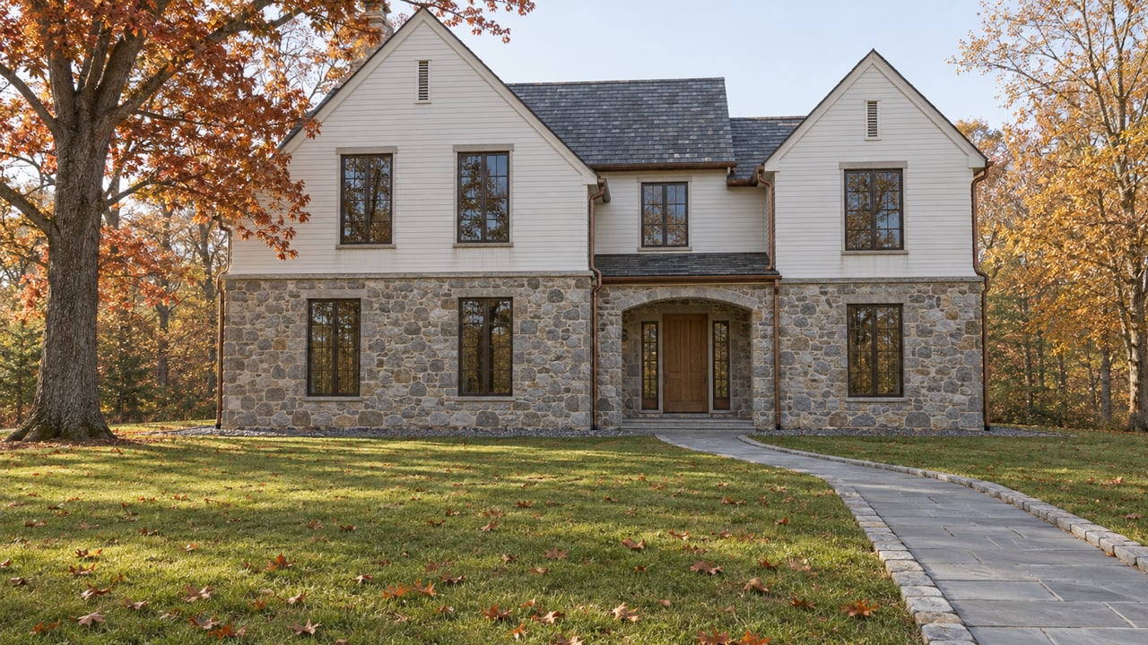 A substantial stone and white-clapboard home beyond a deep autumn lawn, with slate gables, dark windows and mature red oak and sugar maple trees.