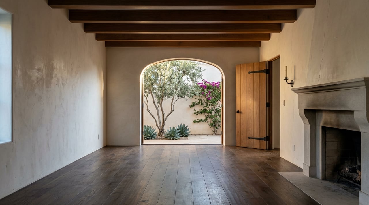 Living room with exposed beams and limestone fireplace framing an archway to an olive-tree courtyard.