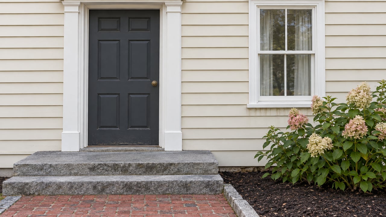 Ivory clapboard house entrance with a charcoal door, white-trimmed window, weathered granite steps and a flowering hydrangea beside a brick approach.