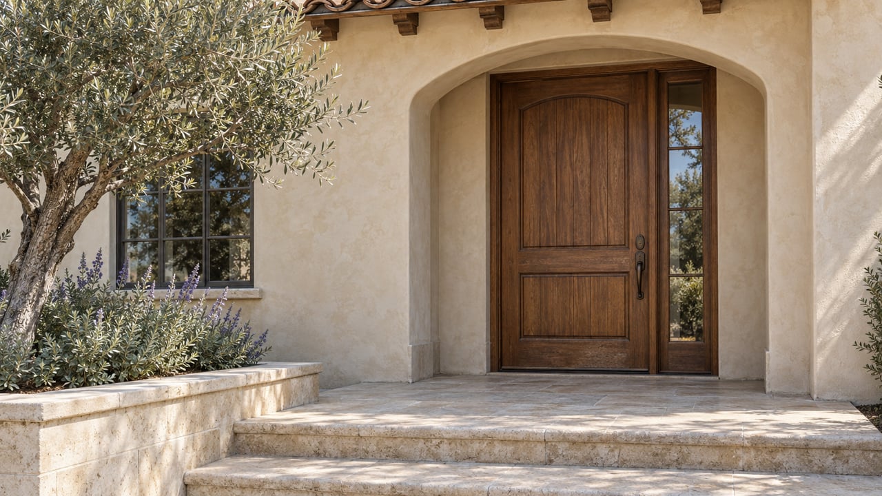 Recessed oak front door beneath a plaster arch, with a narrow sidelight, limestone steps, and an olive tree.
