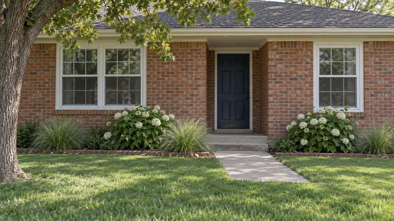 Weathered red-brick house with a navy recessed door, white-trimmed windows, lawn, hydrangeas, and a mature oak.
