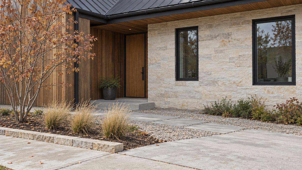 Compact home with a recessed ash door, limestone wall, gravel path, and sparse copper-leaved tree.