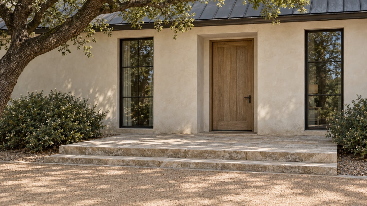Ivory stucco country-house entry with an oak door, flanking windows, limestone steps, and an overhanging oak.