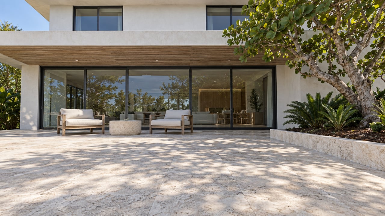 Low-angle view across a limestone terrace toward a white contemporary villa with full-height glass, teak seating and a sculptural sea grape tree.