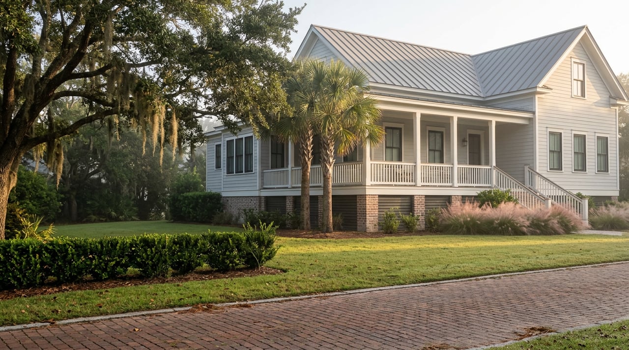 Raised coastal home with a wraparound porch, brick-pier foundation, and live oak draped in Spanish moss beside a brick-paved lane.