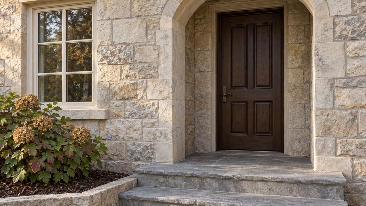 Pale limestone entrance with a recessed oak door, divided-pane window, blue-gray stone steps and an oakleaf hydrangea.