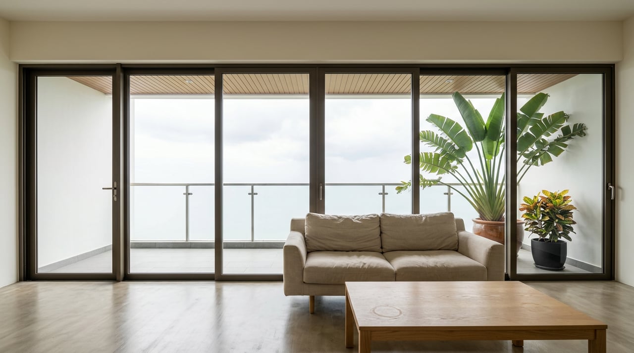 Condominium living room with linen sofa, oak coffee table, and a traveler's palm on the glass-railed lanai.