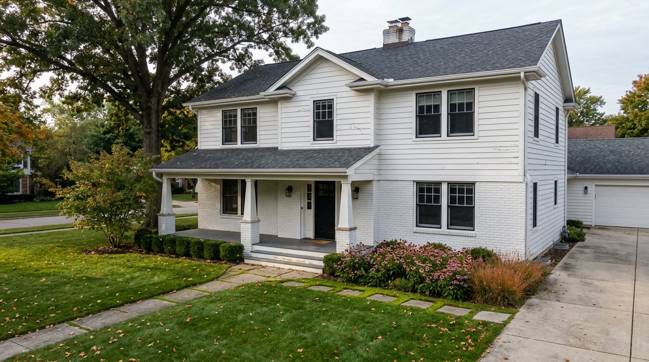 Two-story white brick-and-clapboard home with a covered porch, broad lawn, mature oak, and autumn flower beds.