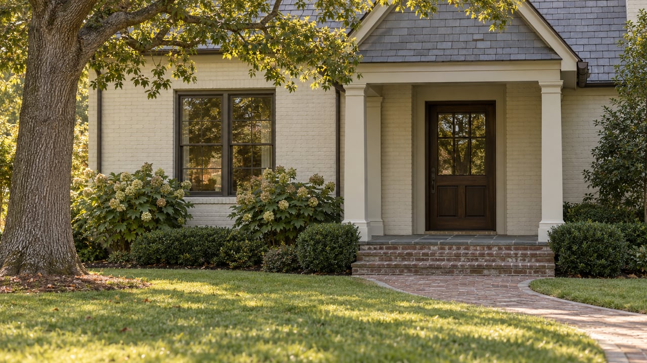 Off-white brick home with a dark timber door, brick path, deep lawn, and oak branches above.