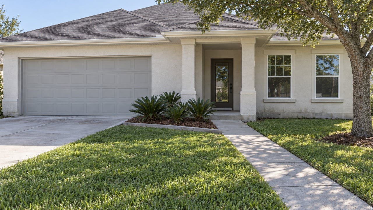 Low exterior view across a deep lawn toward a light-stucco single-story home with a hipped roof, attached garage and recessed entry.