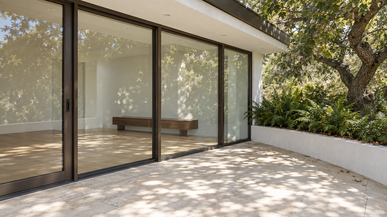 Limestone terrace beside bronze-framed glass doors, with an oak trunk and ferns along the edge.