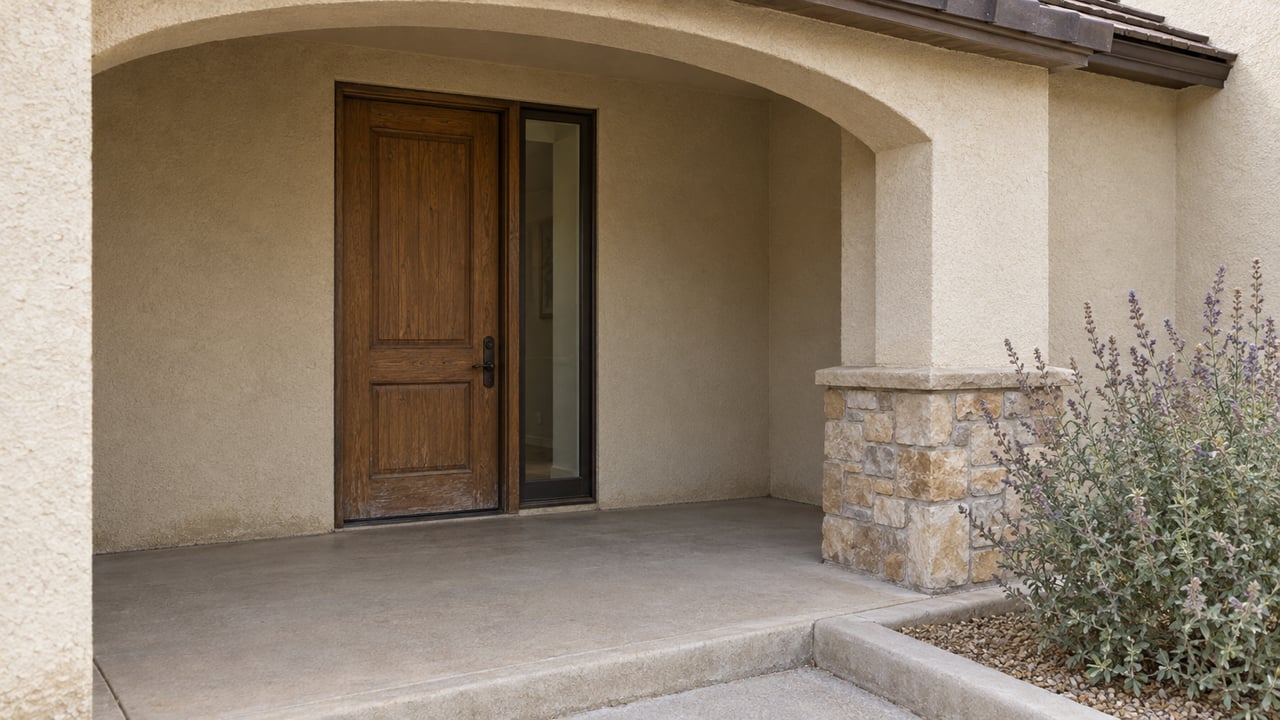 Covered stucco home entry with a weathered oak door, buff stone pier, concrete porch and Cleveland sage.