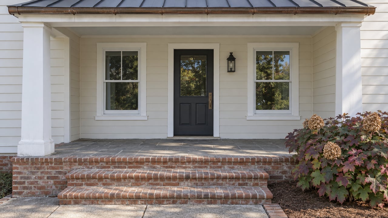 Cream-sided home entry with white porch columns, brick steps and an oakleaf hydrangea beside the walkway.